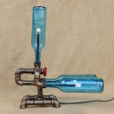 Industrial Vintage Table Lamp G4 LED Fabulous Design with Pipe Fixture Arm, Blue Glass Shade