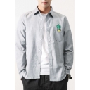 Summer's Cactus Embroidered Pocket Lapel Collar Buttons Down Shirt