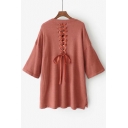 Chic Lace-Up Back Simple Plain Round Neck Half Sleeve Pullover Sweater