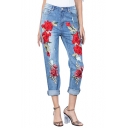 New Arrival Casual Leisure Chic Floral Embroidered Ripped Jeans