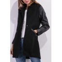 Stand-Up Collar Faux Leather Panel Long Sleeve Trench Coat