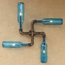 Industrial 4 Light Pipe Wall Sconce with Wine Bottle Glass Shade, Blue