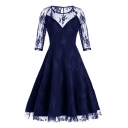 New Fashion Hollow Out Lace Inserted Half Sleeve Round Neck Plain Midi Flared Dress