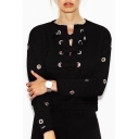 Fashion Grommet Lace-Up Simple Plain Long Sleeve Round Neck Sweatshirt