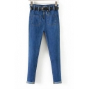 Basic Simple Plain High Waist Belt Waist Skinny Jeans with Pockets