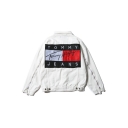 Hip Hop Style Fashion Letter Pattern Back Zip Embellished Long Sleeve Denim Jacket