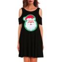 New Stylish Cartoon Christmas Santa Pattern Short Sleeve Midi T-Shirt Dress
