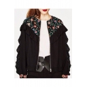 Chic Floral Embroidered Fashion Ruffle Hem Collarless Zip Up Coat