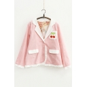 Cherry Embroidered Pocket Color Block Notched Lapel Collar Buttons Down Coat