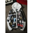 Chic Color Block Letter Pattern Hooded Long Sleeve Unisex Zip Up Coat