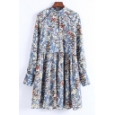 Floral Stand-Up Collar Contrast Trim Cutwork Long Sleeve Midi Dress