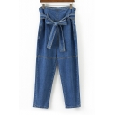 Belted High Waist Straight Leg Denim Long Jeans with Pockets