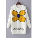 Round Neck Long Sleeve Letter Sun Flower Pattern Tunic Pullover Sweater
