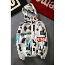 Street Style Color Block Letter Pattern Hooded Long Sleeve Zip Up Coat