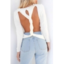 Fashion Sexy Open Back Round Neck Long Sleeve Simple Plain Sweater
