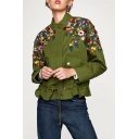 Fashion Floral Embroidered Stand-Up Collar Long Sleeve Casual Jacket