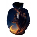 New Collection 3D Moon Wolf Pattern Loose Long Sleeve Hoodie with Pockets