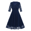 New Arrival Chic Lace Inserted V Neck 3/4 Sleeve Plain Midi Fit Flared Dress