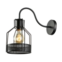 Industrial Vintage Wall Sconce Gooseneck Fixture Arm with Lantern Style Metal Cage in Black