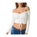 Hot Fashion Simple Plain Cold Shoulder Long Sleeve Spaghetti Straps Cropped Tee