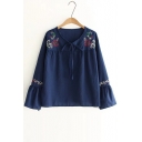 V Neck Long Sleeve Flared Cuff Chic Floral Embroidered Pullover Blouse