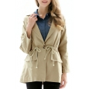 Casual Leisure Plain Notched Lapel Collar Long Sleeve Drawstring Waist Coat with Single Button