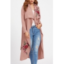 Folded Collar Long Sleeve Chic Floral Embroidered Open Front Trench Coat