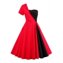 New Collection Stylish One Shoulder Short Sleeve Color Block Midi Flared Dress