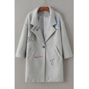 Letter Embroidered Long Sleeve Notched Lapel Collar Woolen Coat with Single Button