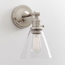Industrial Wall Sconce Modern Style Wrought Iron Arm with Conical Glass Shade in Chrome