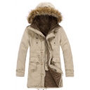 Winter's Warm Long Sleeve Fur Hooded Simple Plain Zip Up Cotton Coat
