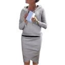 Basic Simple Plain Long Sleeve Hoodie with Midi Bodycon Skirt