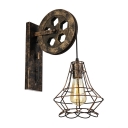Vintage Wall Sconce with Wheel Shape Arm and Metal Cage, Black