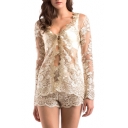 Fashion Sexy Sheer Lace Inserted Chic Embroidered Long Sleeve Top with Shorts