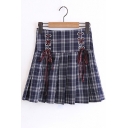 New Arrival Lace-Up Side Classic Fashion Plaids Pattern Mini A-Line Pleated Skirt