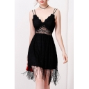 New Fashion Multi Straps Sleeveless Chic Lace Inserted Tassel Hem Plain Mini Slip Dress