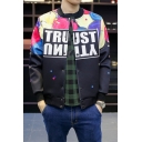 Fashion Color Block Letter Print Stand-Up Collar Buttons Down Baseball Jacket