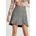 Color Block High Waist Ruffle Hem Zip Side Grid Panel Short Skirt