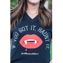 Hot Fashion Letter Mouth Teeth Printed V Neck Short Sleeve Casual Pullover Tee