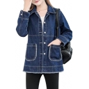 Basic Simple Plain Lapel Collar Long Sleeve Buttons Down Denim Jacket with Double Pockets