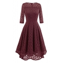 Hot Fashion Basic Plain Round Neck 3/4 Sleeve Lace Inserted Midi A-Line Dress