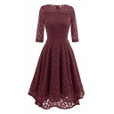 Hot Fashion Basic Plain Round Neck 3/4 Sleeve Lace Inserted Midi A-Line Dress