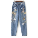 Women's Floral Embroidered Ripped Knee Zipper Fly Jeans