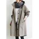 Plain Button Down Oversize Hooded Long Sleeve Trench Coat with Pockets