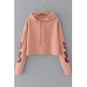 Chic Floral Embroidered Long Sleeve Loose Leisure Cropped Hoodie