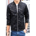 Leaves Pattern Stand-Up Collar Zip Up Long Sleeve Jacket
