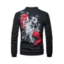 Fashion Abstract Floral Pattern Back Stand-Up Collar Long Sleeve Zip Up Jacket