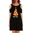 Lovely Cartoon Pizza Pattern Round Neck Cold Shoulder Midi T-Shirt Dress