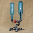 Industrial Table Lamp with Fabulous Pipe Fixture Design, Blue Wine Bottle Glass Shade
