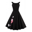 Chic Floral Embroidered Boat Neck Sleeveless Graceful Midi Flared Dress